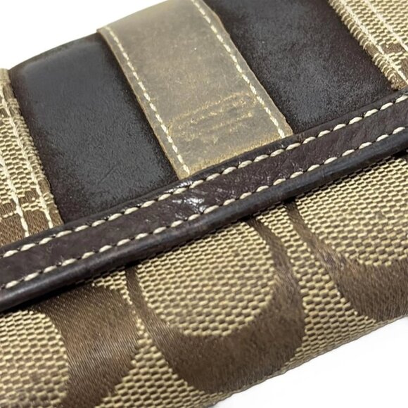 Auth COACH Signature - Khaki Dark Brown Jacquard Leather Trifold Wallet - Picture 5 of 6